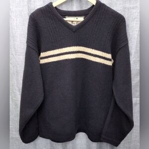VTG 90s Wool V-Neck Sweater Fargo Clothing Black (w/2 Tan Stripes) Size XL